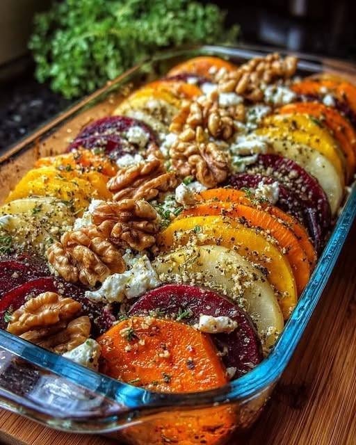 Mediterranean Layered Beet, Sweet Potato & Feta Gratin with Walnuts