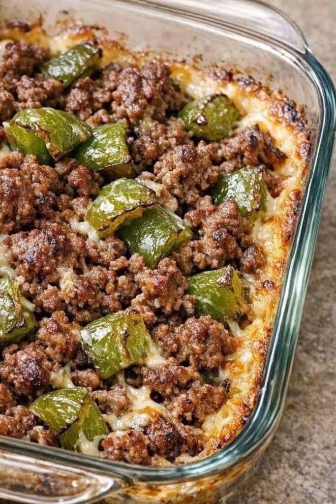Cheesy Amish Beef and Bell Pepper Bake