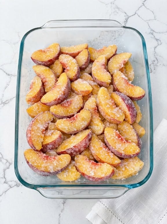 Toss raw frozen peach slices straight into the baking dish with 4 pantry staples and your family will be fighting over the last scoop of this incredib.