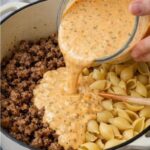 Pour this 1 creamy liquid over browned ground beef and uncooked pasta shells into a dutch oven for a one-pot dinner