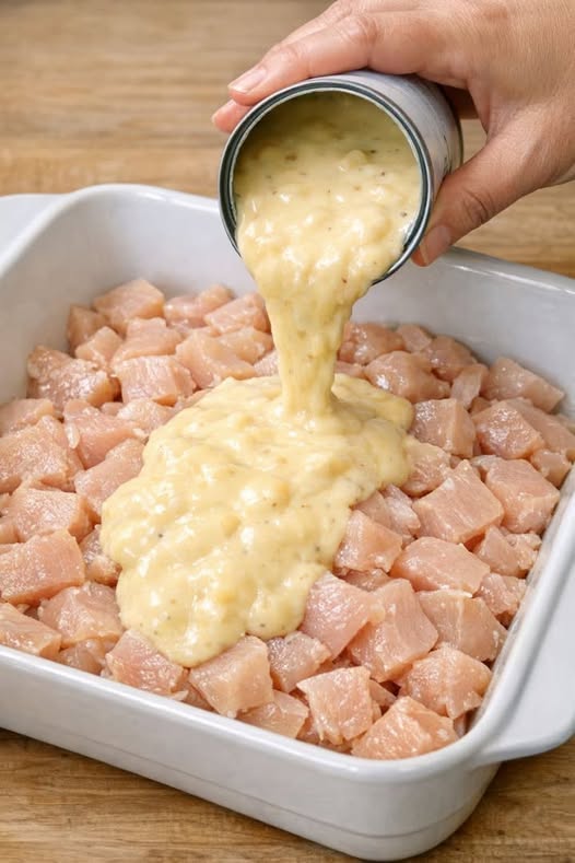 Pour cream of chicken soup over raw diced chicken breast, along with 3 ingredients