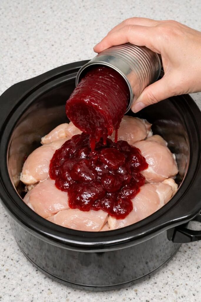 Dump canned cranberry sauce on top of chicken breasts, together with 1 ingredient