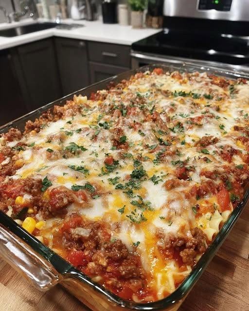 hearty cheesy ground beef and pasta casserole