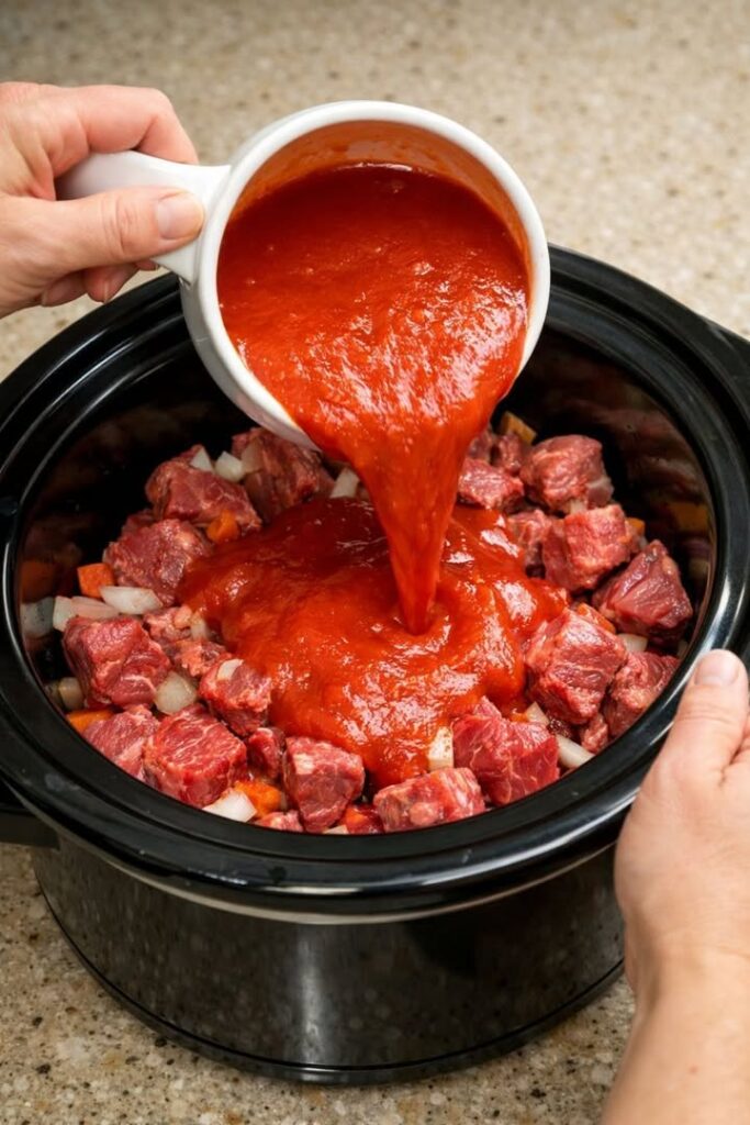 Pour tomato soup over raw stew meat, paired with these 2 ingredients, into slow cooker