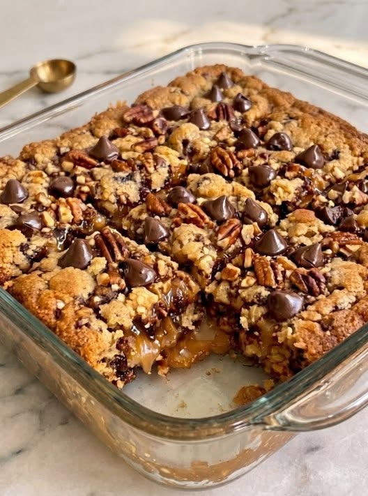 Gooey Salted Caramel Pecan Cookie Bars