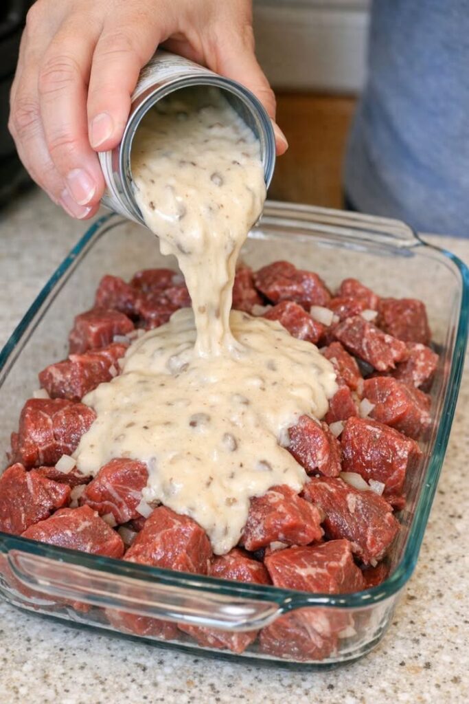 Pour cream of mushroom soup over raw beef stew meat, along with 2 other ingredients