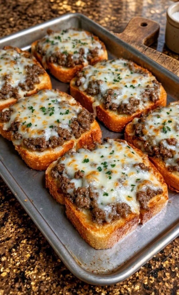 Cheesy Ground Beef Garlic Toasts