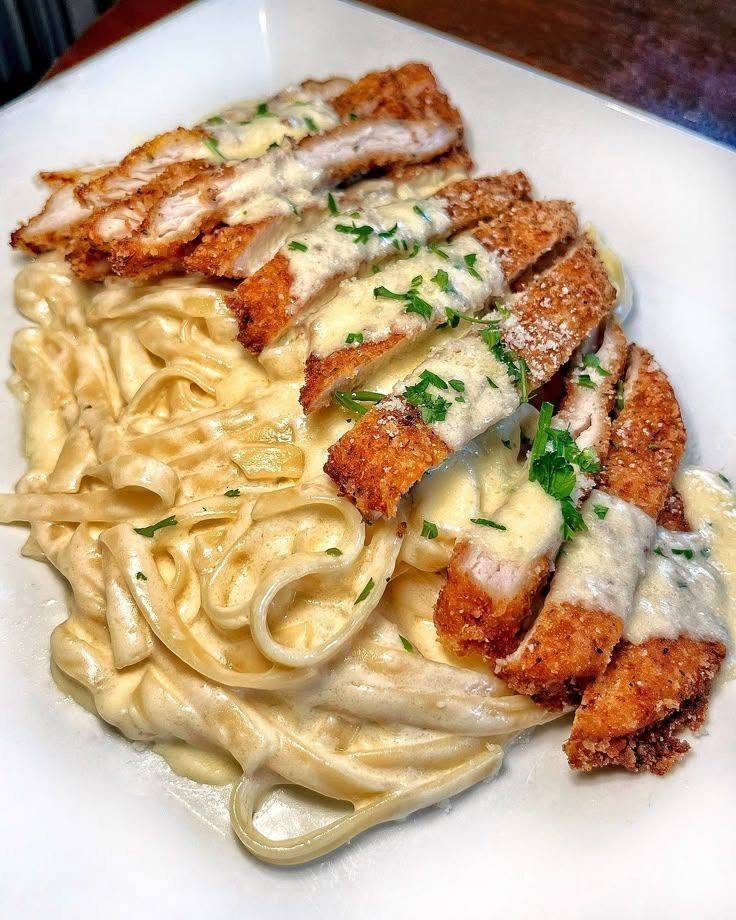Crispy Chicken Cutlet Alfredo