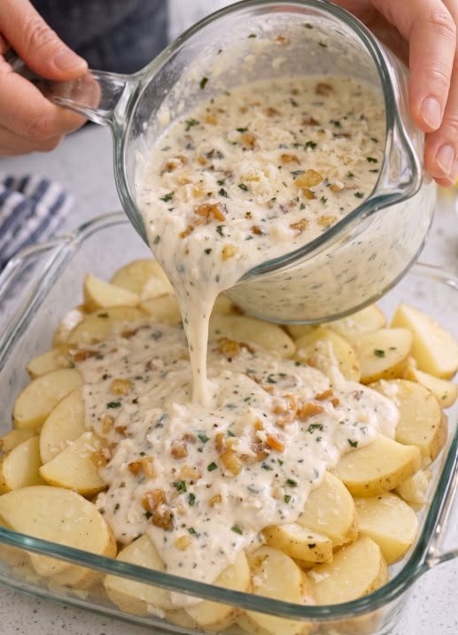 Pour this 1 creamy pour-over over potatoes into a glass casserole