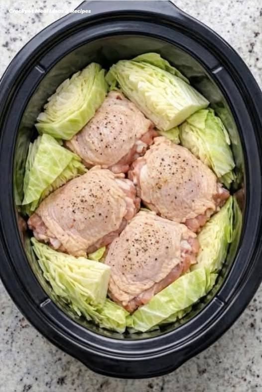 Throw raw cabbage wedges and chicken thighs in the slow cooker and add 3 simple ingredients